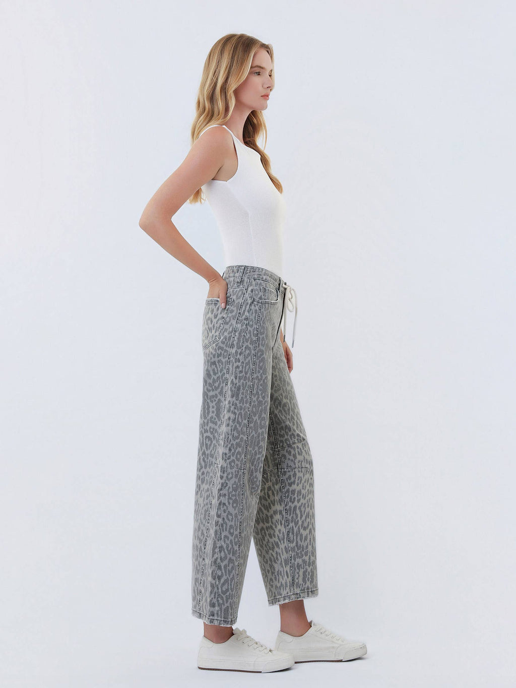 Kate Grey Leopard Barrel Drawstring Jeans