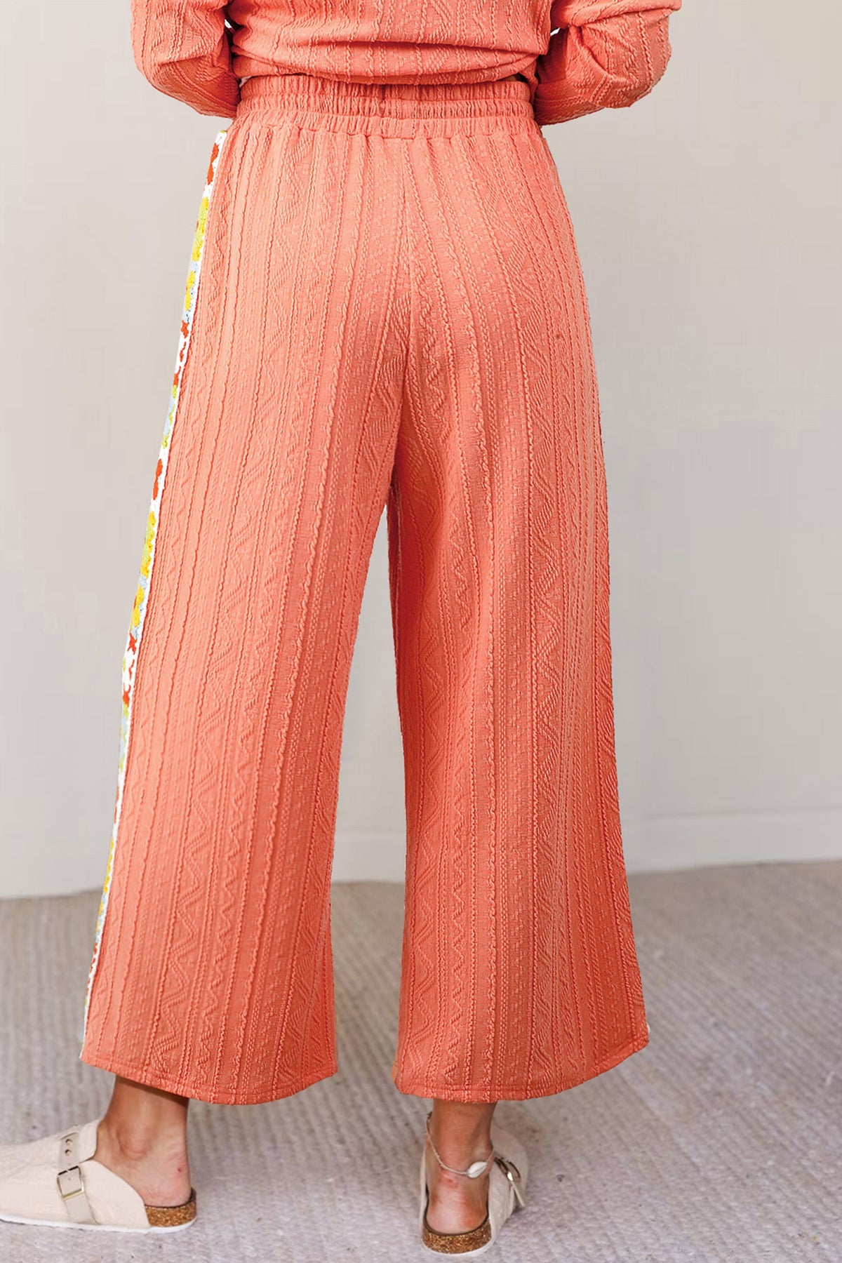 Grapefruit Orange Crochet Floral Accent V Neck Textured Pants Set