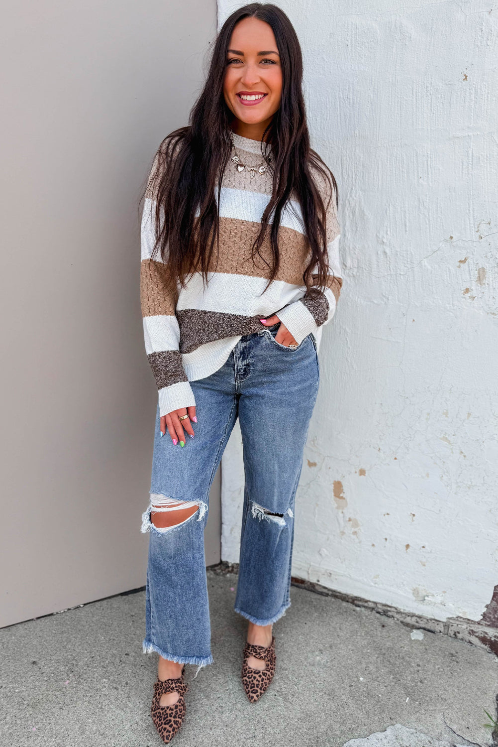 Brown Mixed Texture Knit Striped Colorblock Loose Sweater