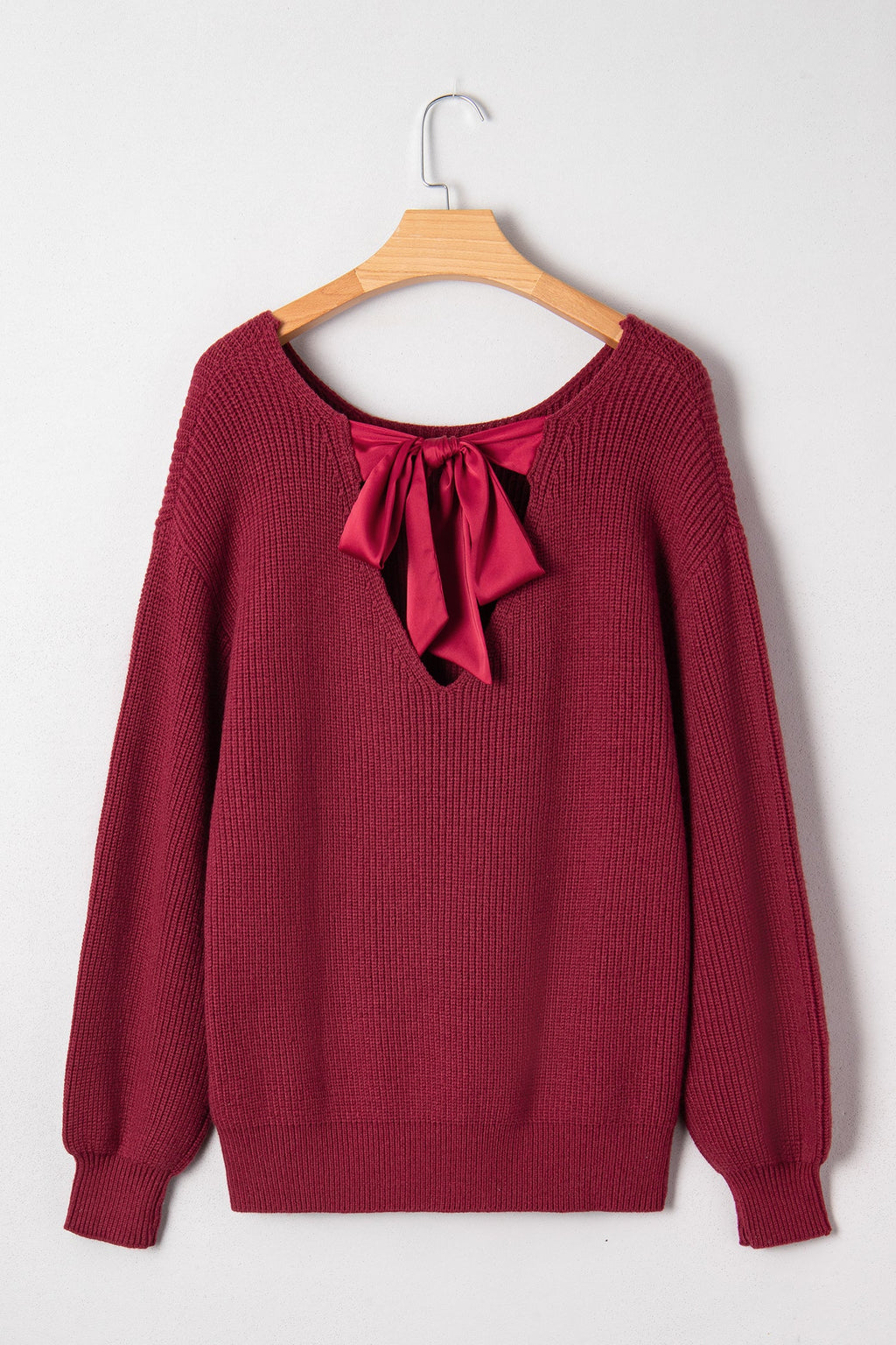 Jet Stream Ribbed Knit Ribbon Knot Backless Drop Shoulder Sweater