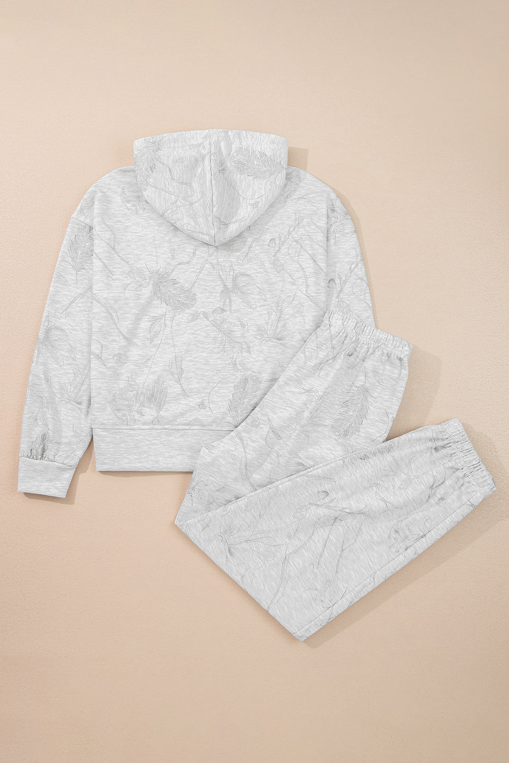 Light Grey Feather Camouflage Print Loose Drop Sleeve Hoodie and Pants Set