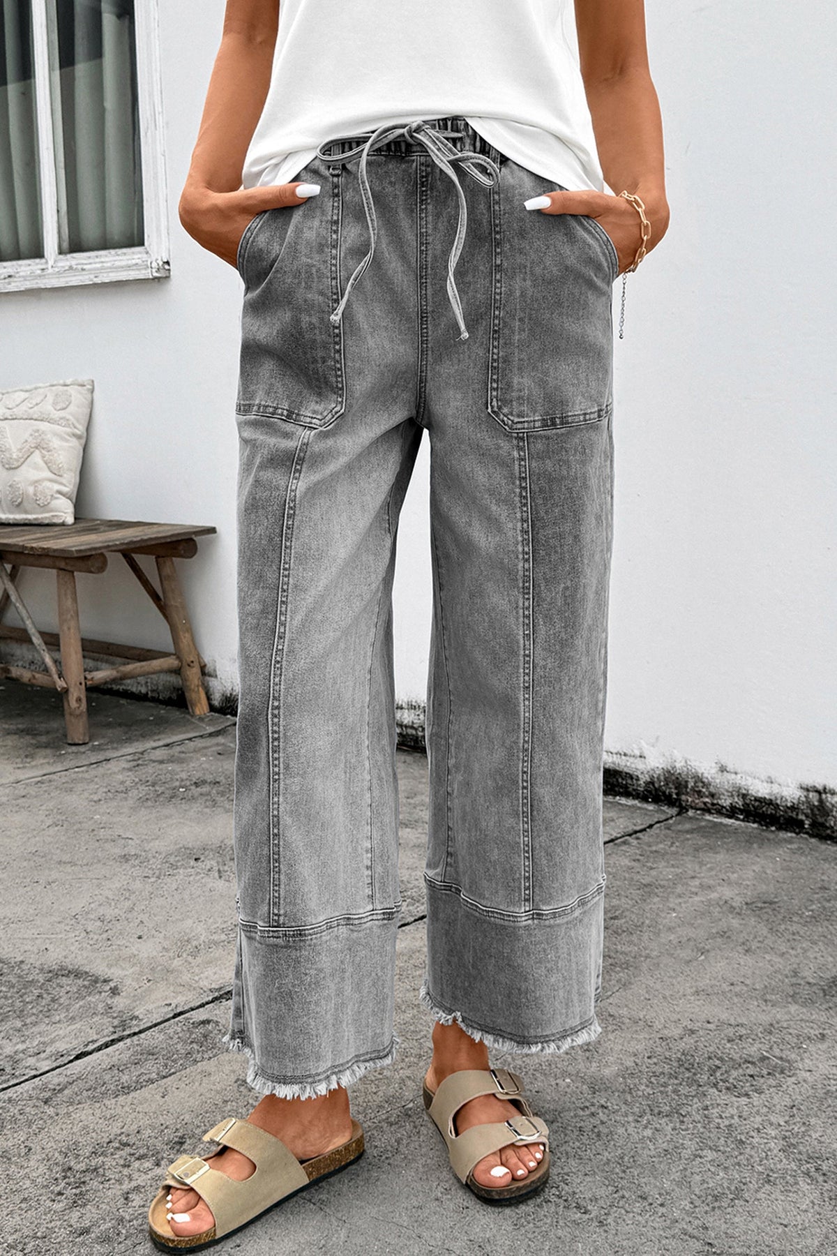 Prussian Blue Drawstring Seam Detail Raw Hem Wide Leg Denim Pants