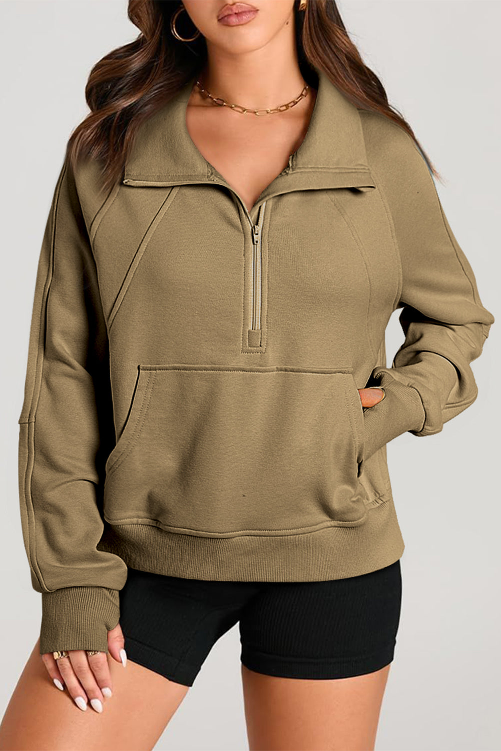 Smoke Green Quarter Zip Stand Neck Kangaroo Pocket Sweatshirt