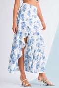 Black Boho Floral High Waist Ruffle Split Maxi Skirt
