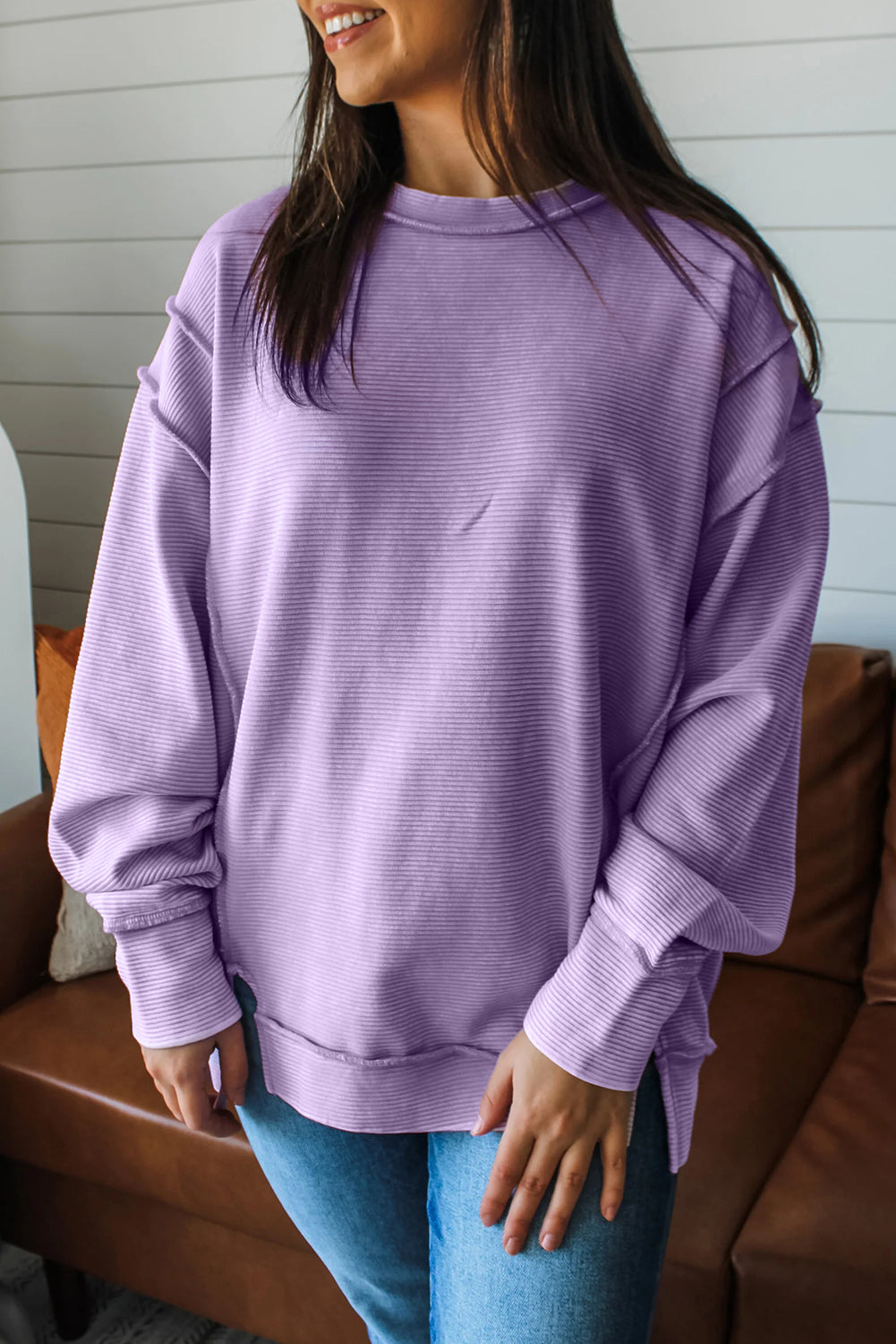 Sea Green Horizontal Ribbed Exposed Seam Detail Drop Shoulder Baggy Pullover