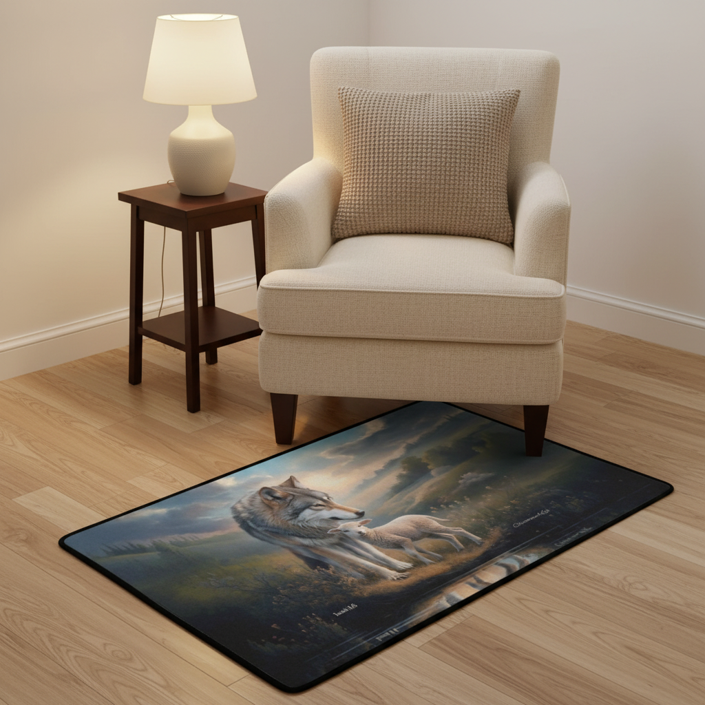 Wolf and Lamb Christian area rug / Mat 31" x 20" (choose from 3 designs) with Black Binding