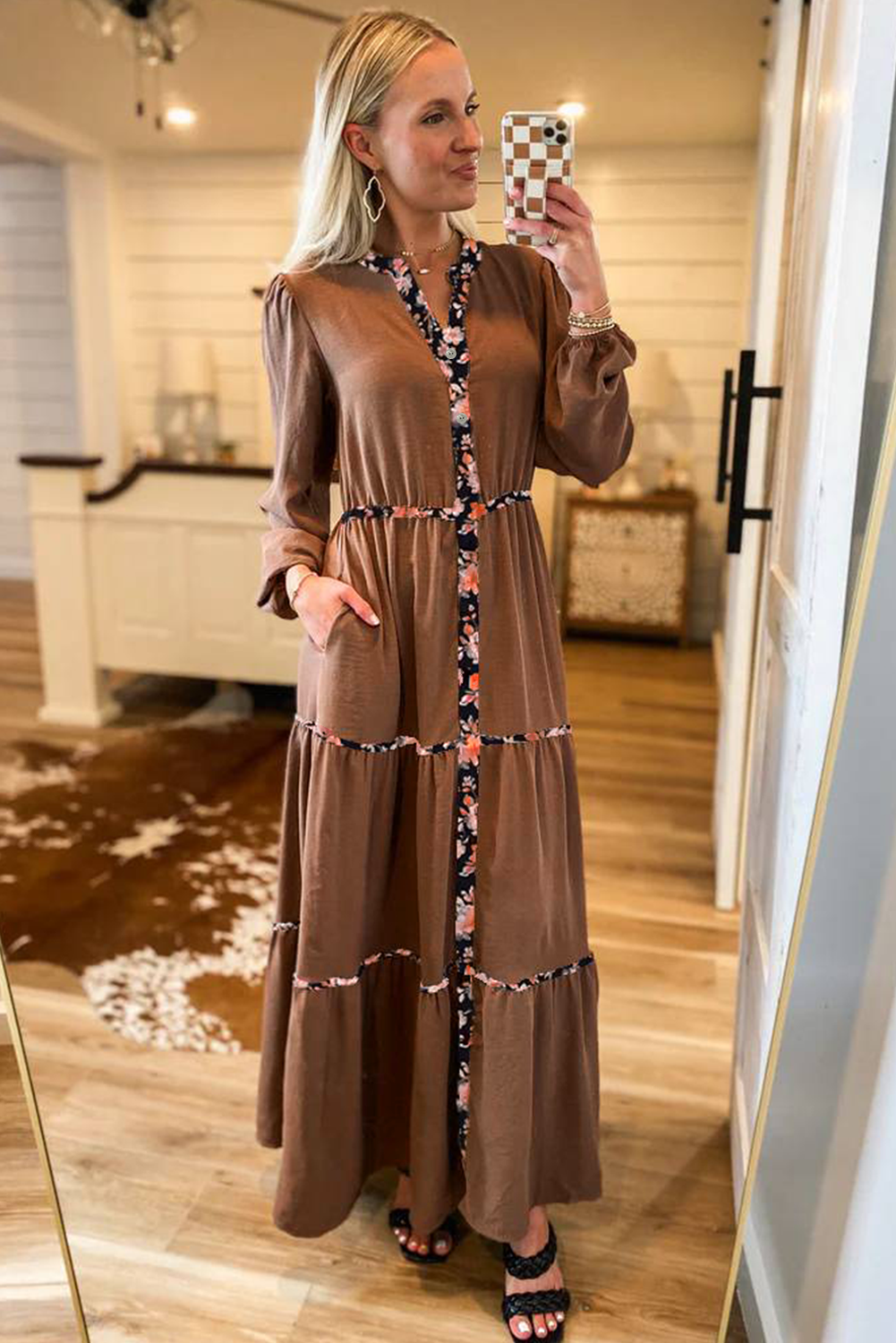 Chestnut Floral Patchwork Detail Notched Neck Long Sleeve Maxi Dress