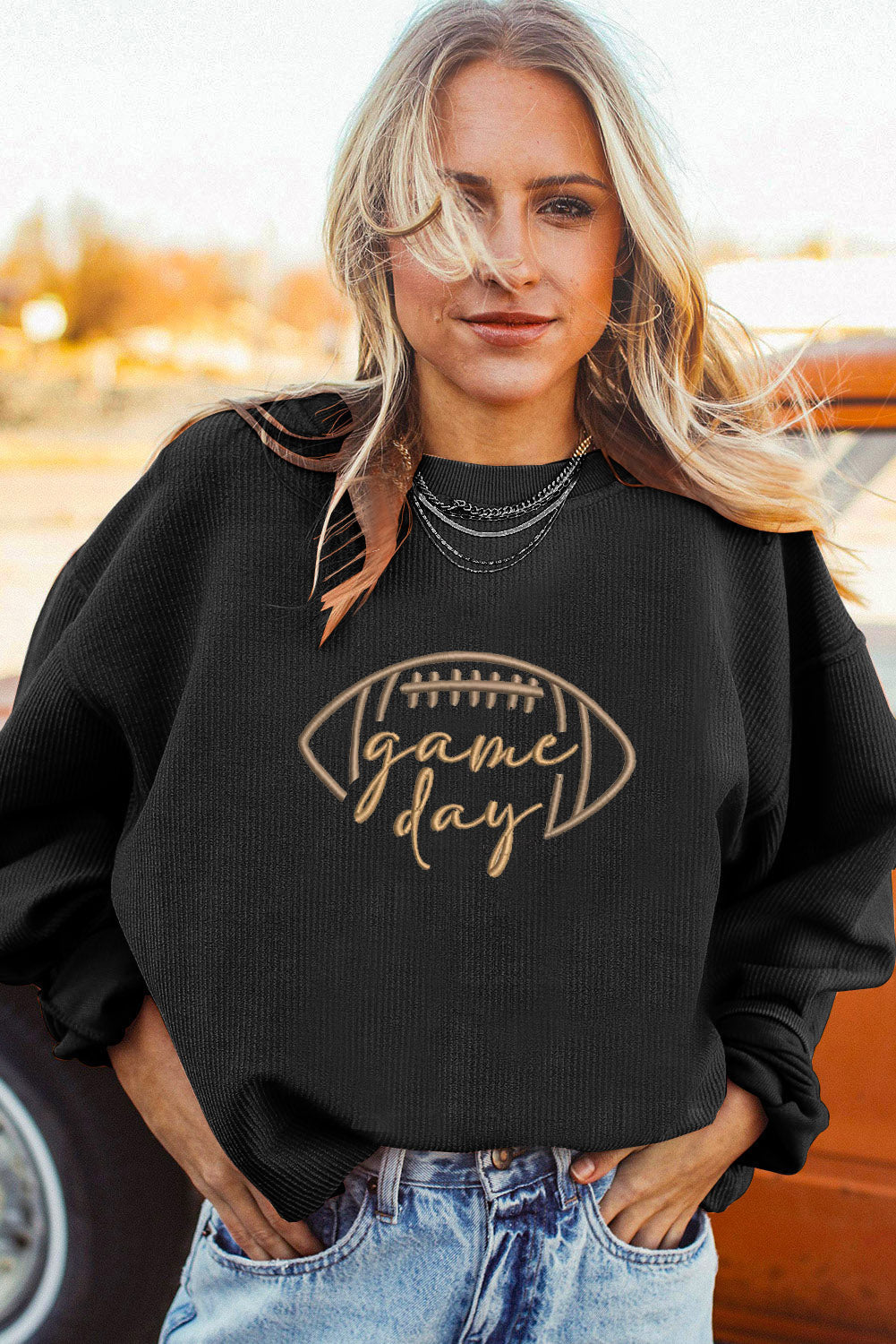 Black Football Graphic Game Day Embroidered Corded Sweatshirt