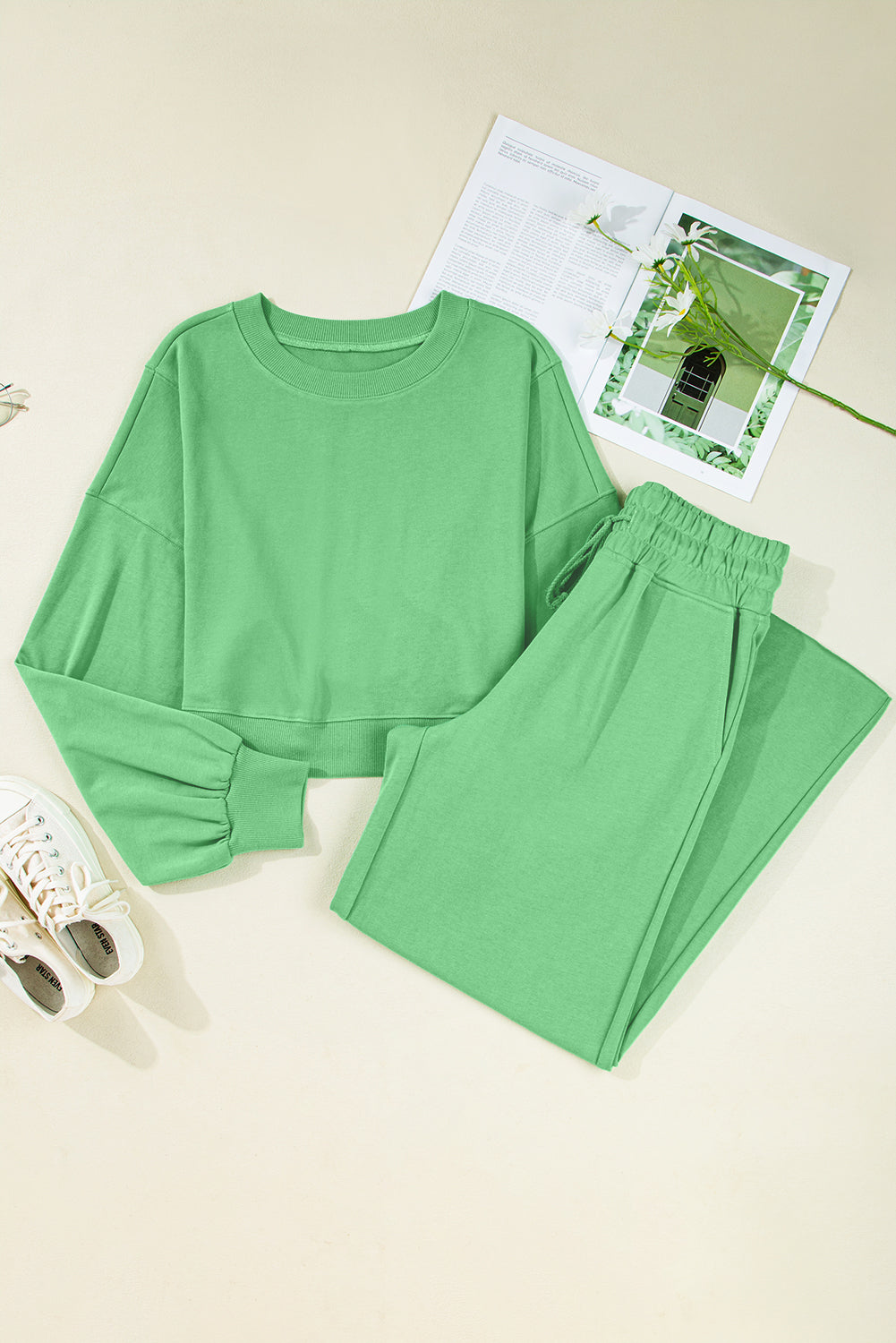 Yellow Cream Drop Shoulder Crop Pullover Drawstring Wide Leg Pants Set