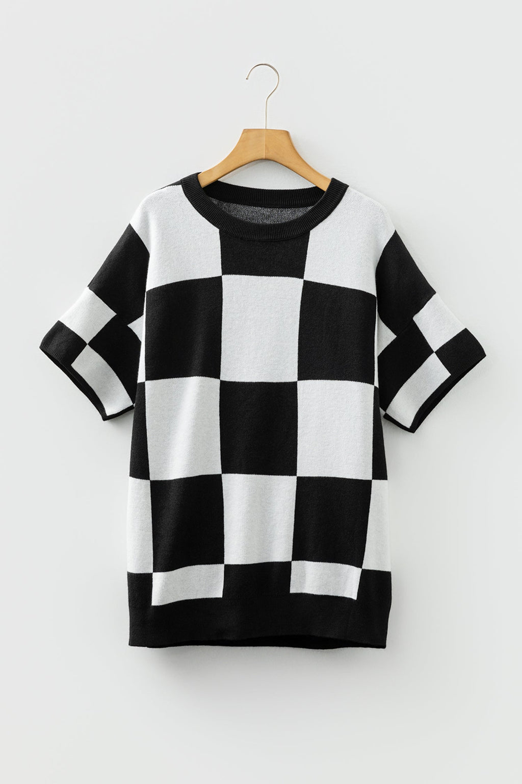 Light French Beige Checkered Pattern Loose Drop Shoulder Half Sleeve Sweater
