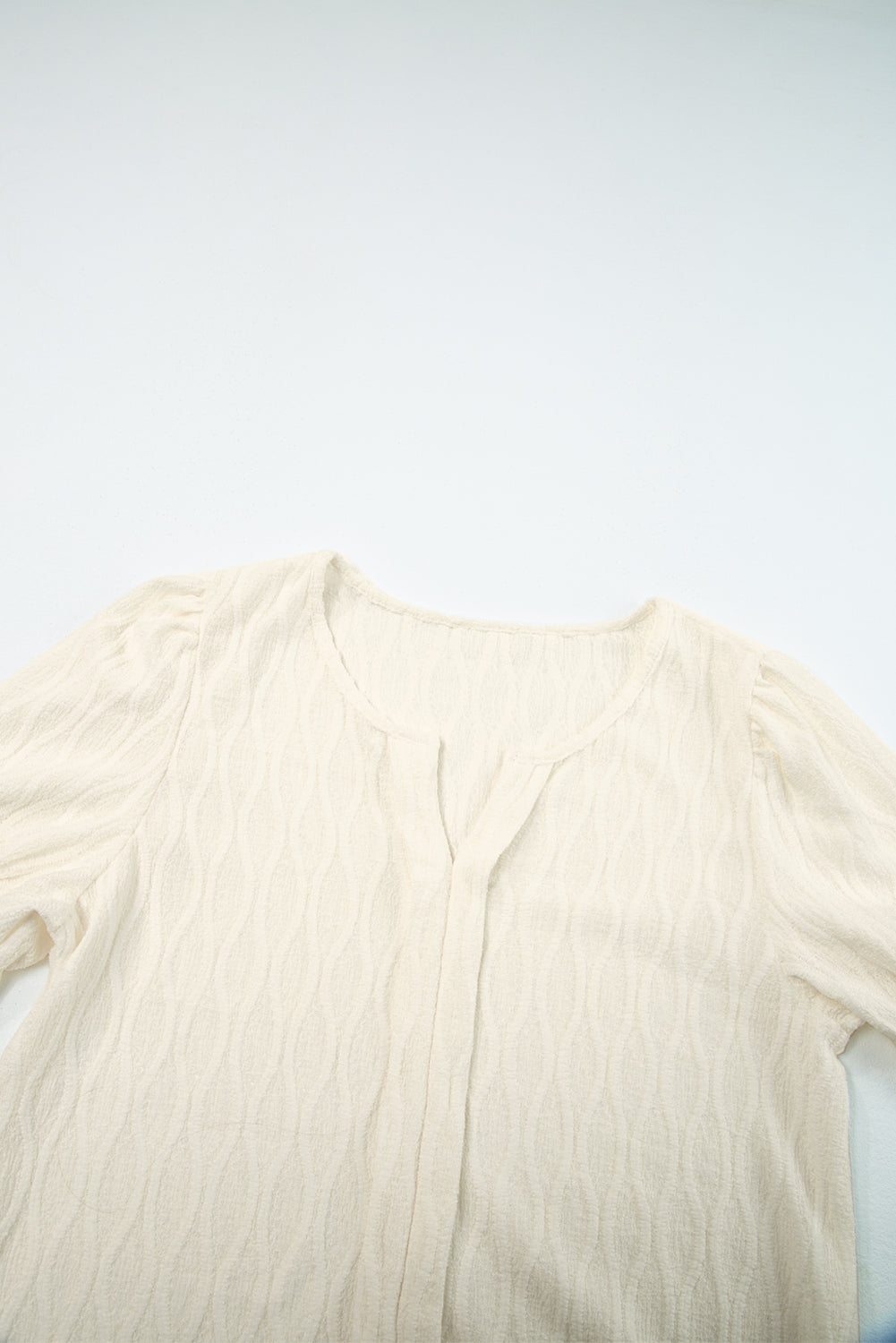 Beau Blue Solid Color Textured Notched Neck Puff Sleeve Blouse