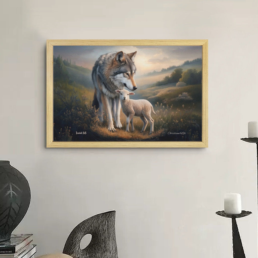 Framed - Wolf and Lamb Christian Canvas, Wooden Frame