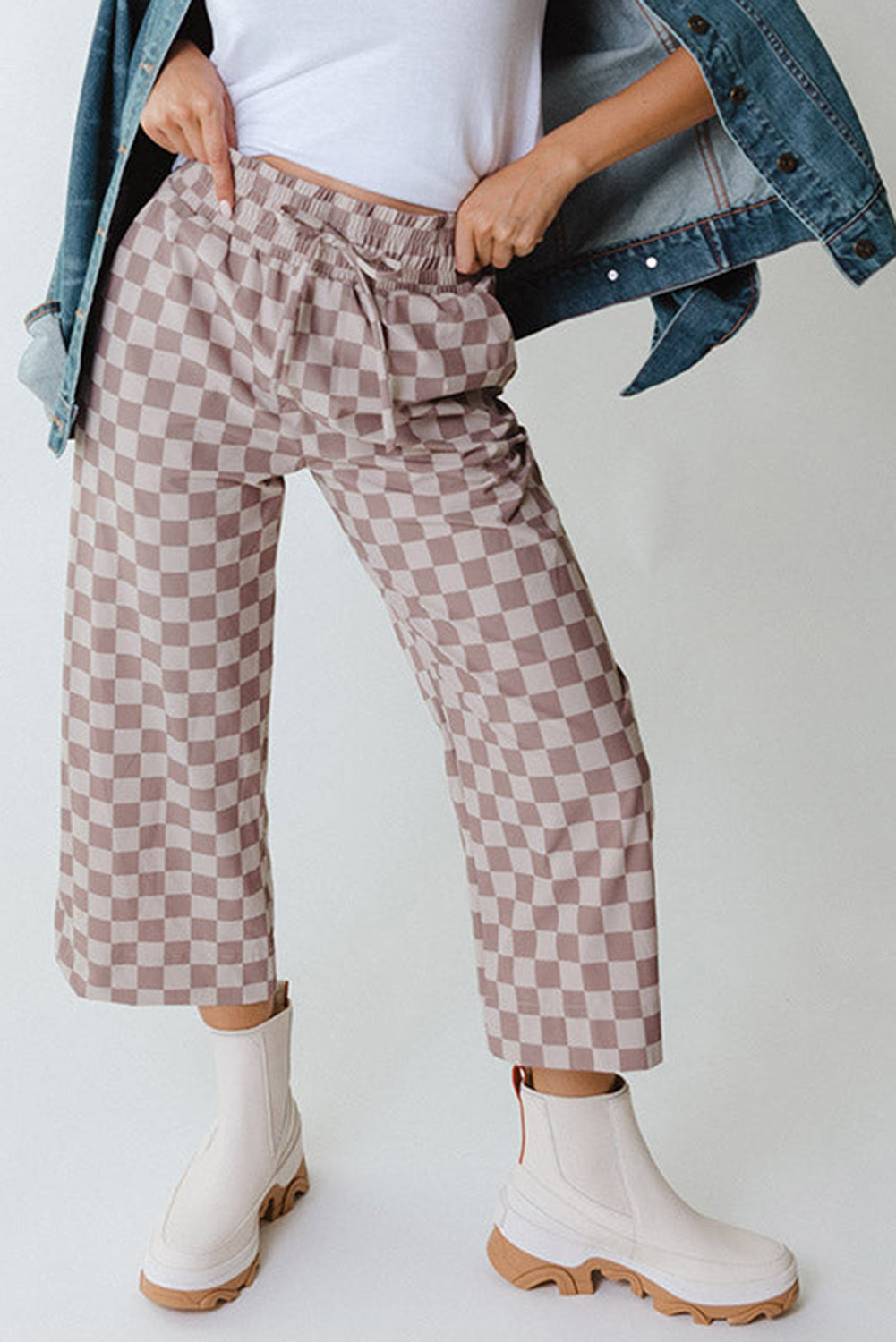 Khaki Tie Elastic Waist Checkered Loose Pants