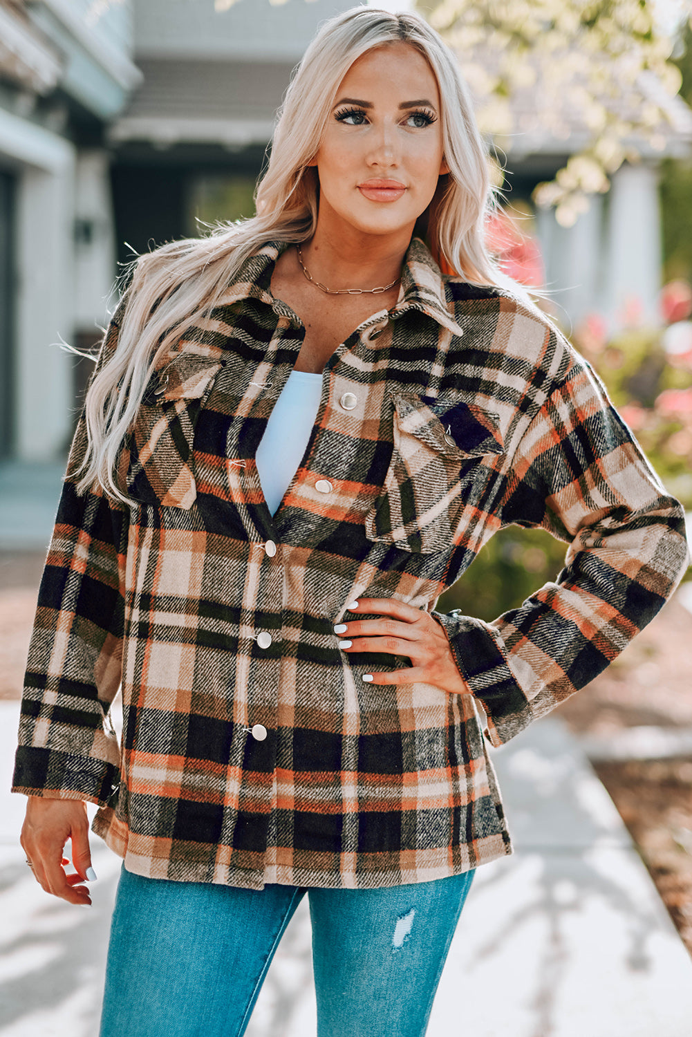Green Geometric Plaid Print Pocketed Shacket