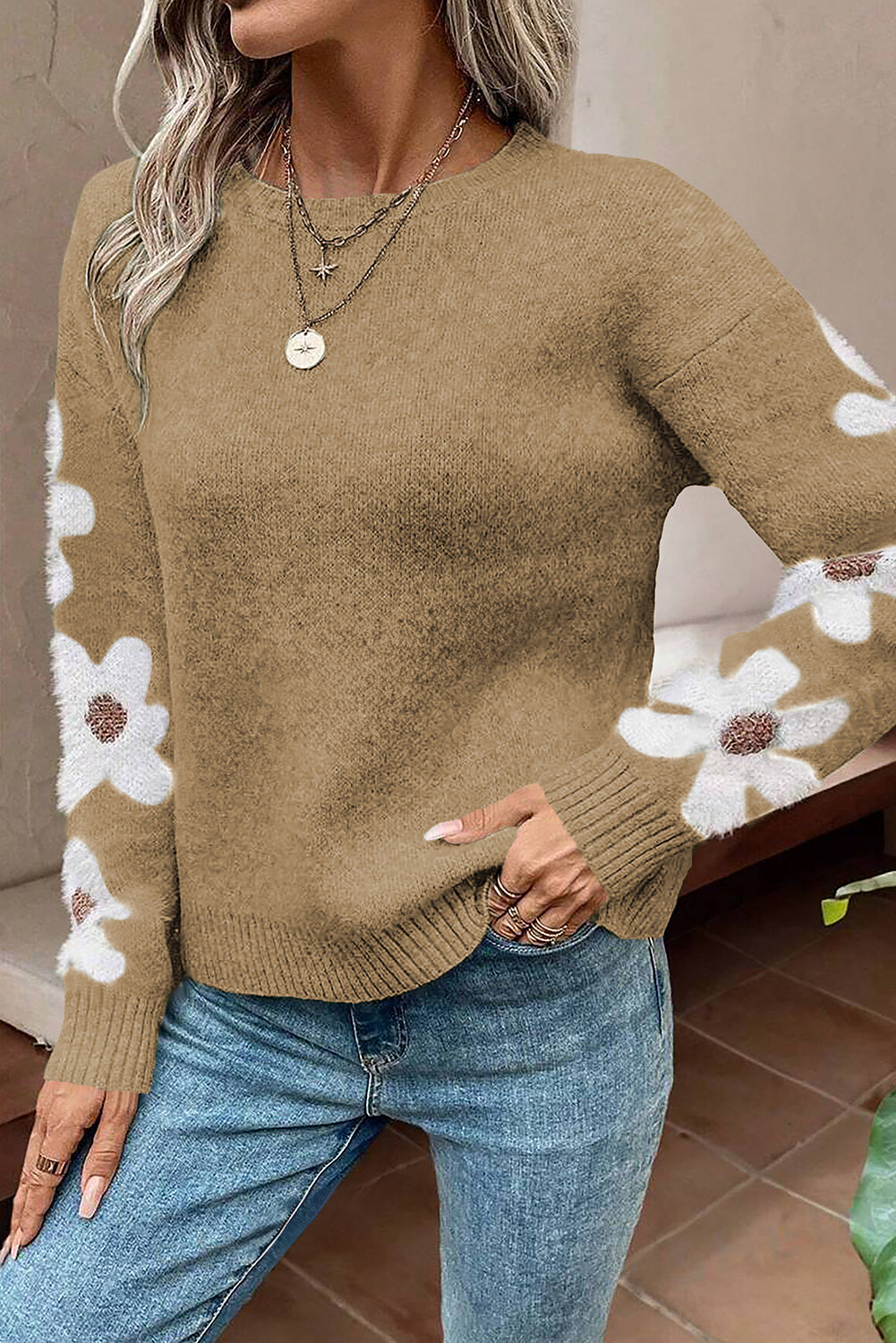 Moss Green Flower Sleeve Drop Shoulder Sweater