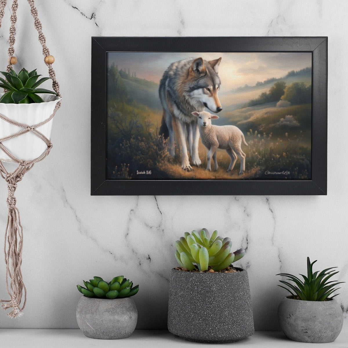 Framed- Wolf and Lamb, Christian Wall Art, Black Framed Canvas Print, Isaiah 11:6