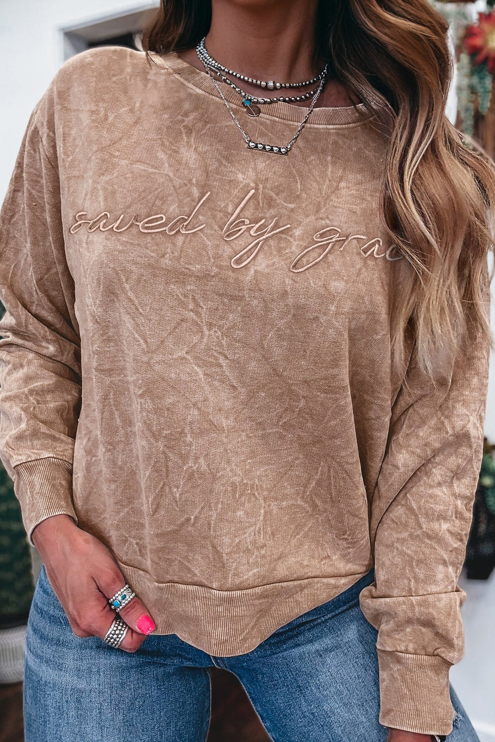 High-rise saved by grace Letter Embroidery Mineral Wash Loose Sweatshirt