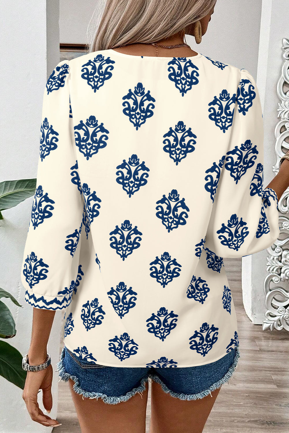 Green Damask Floral Print Contrast V Neck 3/4 Sleeve Blouse