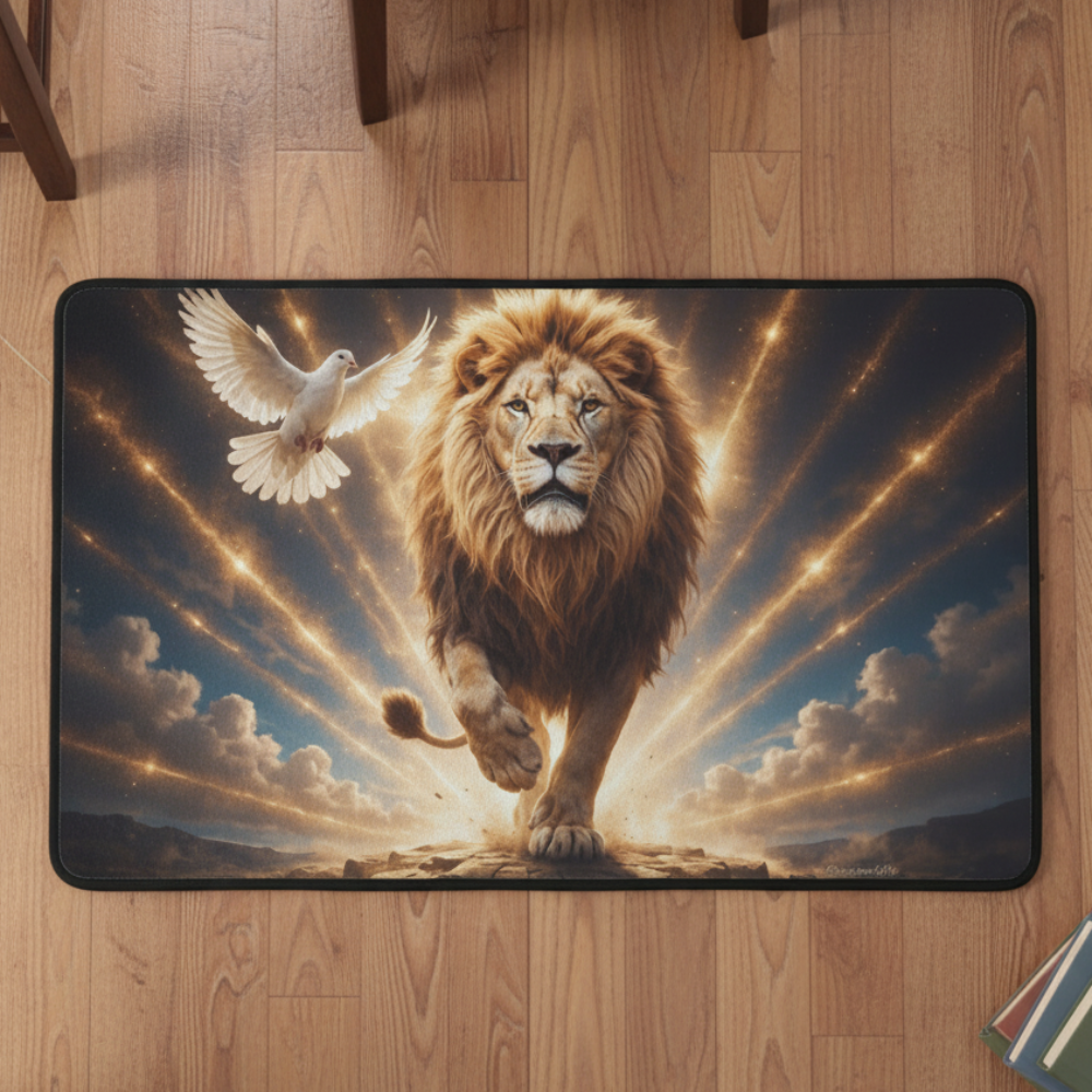 Lion of Judah and the Holy Spirit -Golden Rays and Clouds Small Area Rug with Black Binding (31"x20")