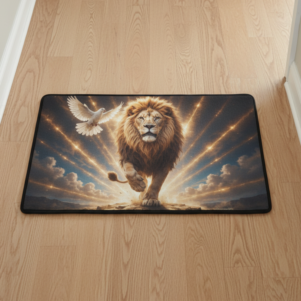 Lion of Judah and the Holy Spirit -Golden Rays and Clouds Small Area Rug with Black Binding (31"x20")