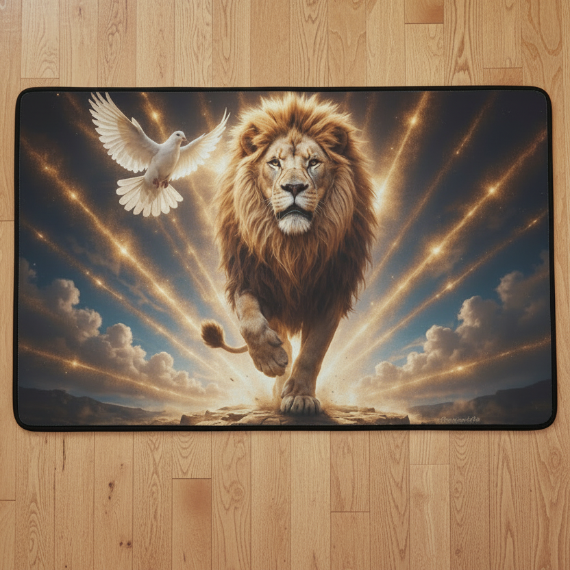 Lion of Judah and the Holy Spirit -Golden Rays and Clouds Small Area Rug with Black Binding (31"x20")