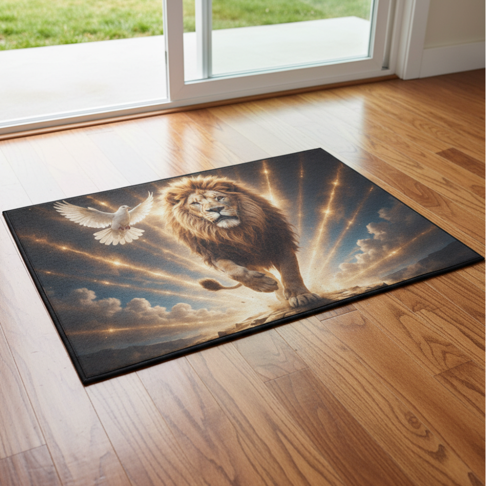 Lion of Judah and the Holy Spirit -Golden Rays and Clouds Small Area Rug with Black Binding (31"x20")