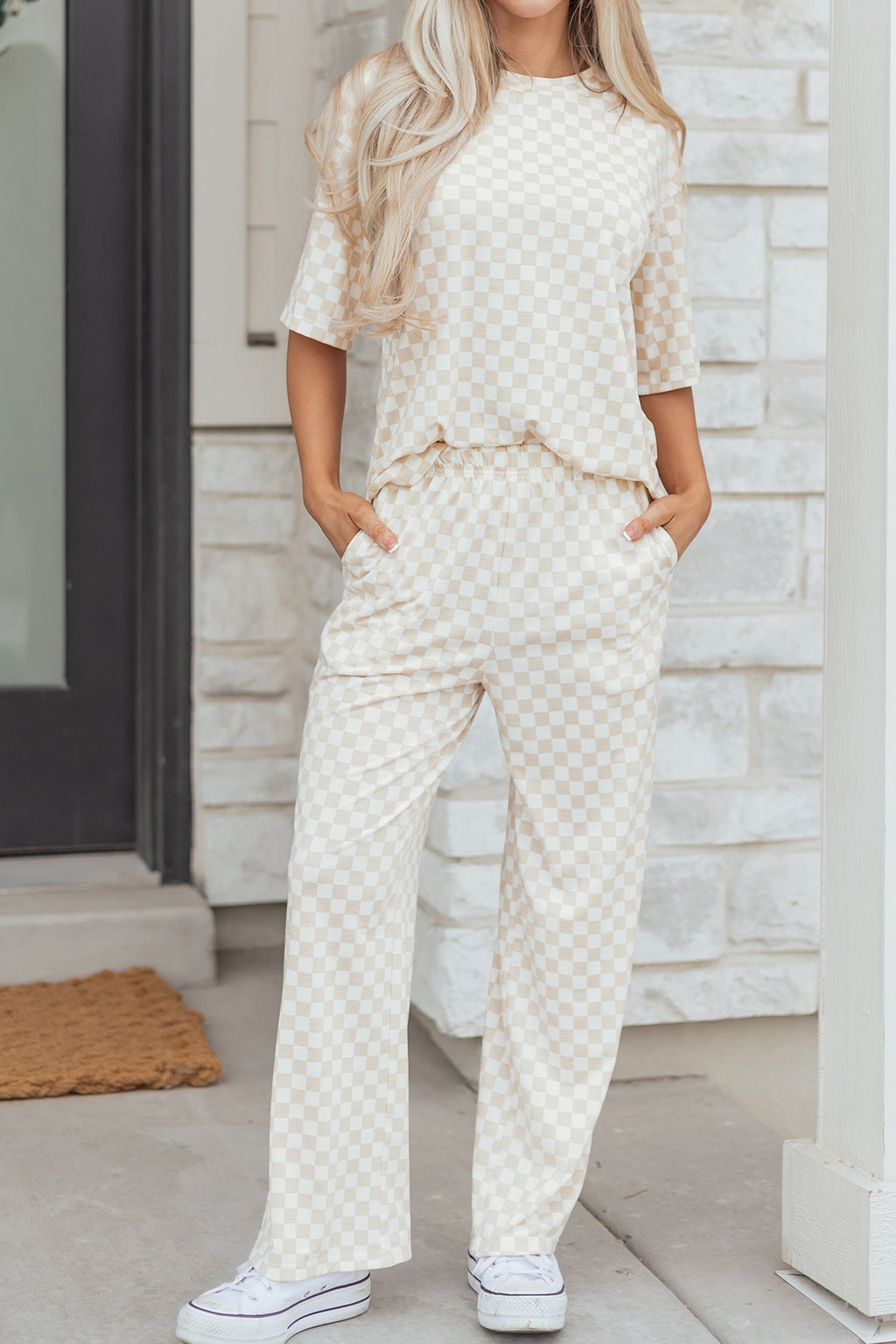 Rose Checkered Print Half Sleeve Tee 2pcs Lounge Pant Set