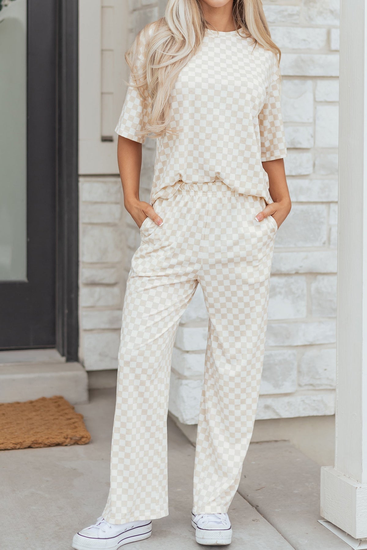 Rose Checkered Print Half Sleeve Tee 2pcs Lounge Pant Set