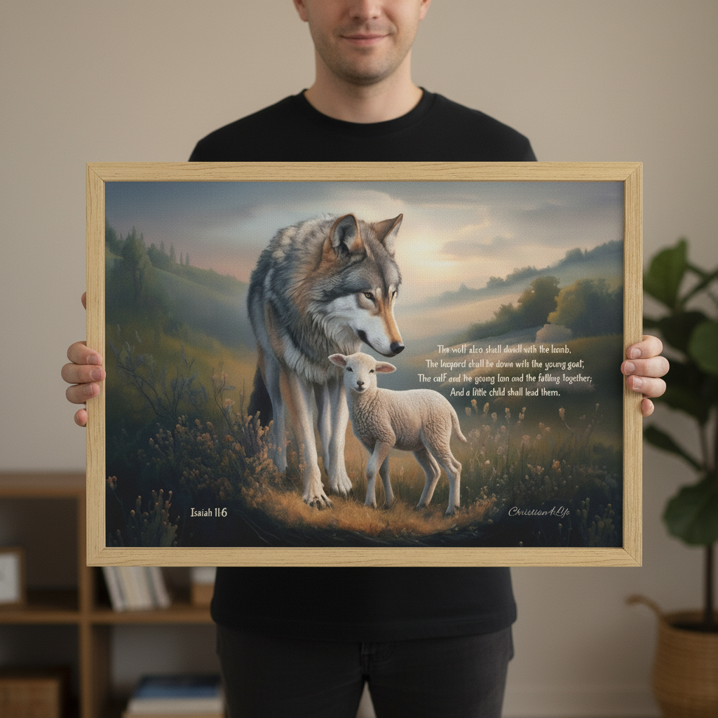 Framed - Wolf and Lamb with Isaiah 11:6 Quote, Christian Canvas, Wooden Frame