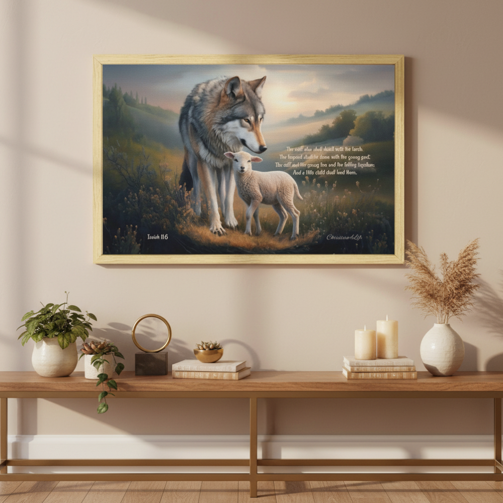 Framed - Wolf and Lamb with Isaiah 11:6 Quote, Christian Canvas, Wooden Frame