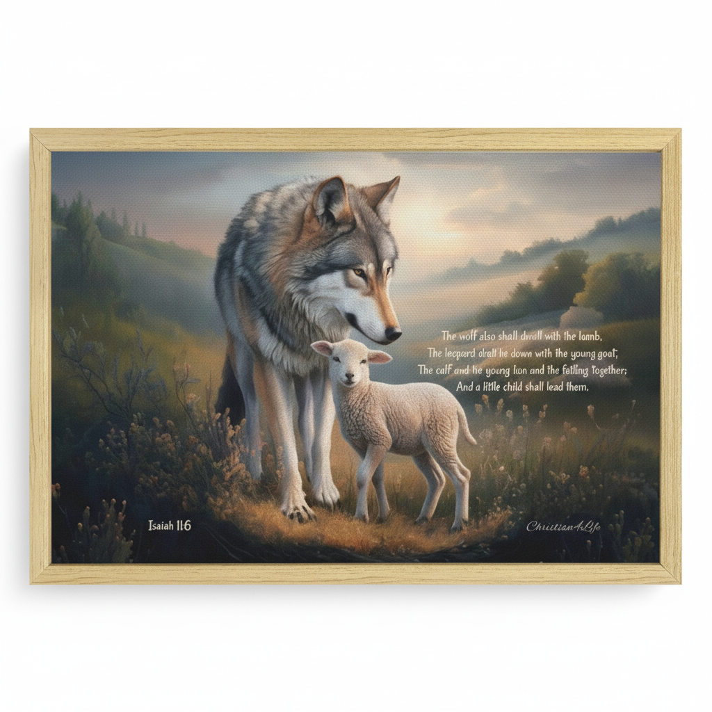 Framed - Wolf and Lamb with Isaiah 11:6 Quote, Christian Canvas, Wooden Frame