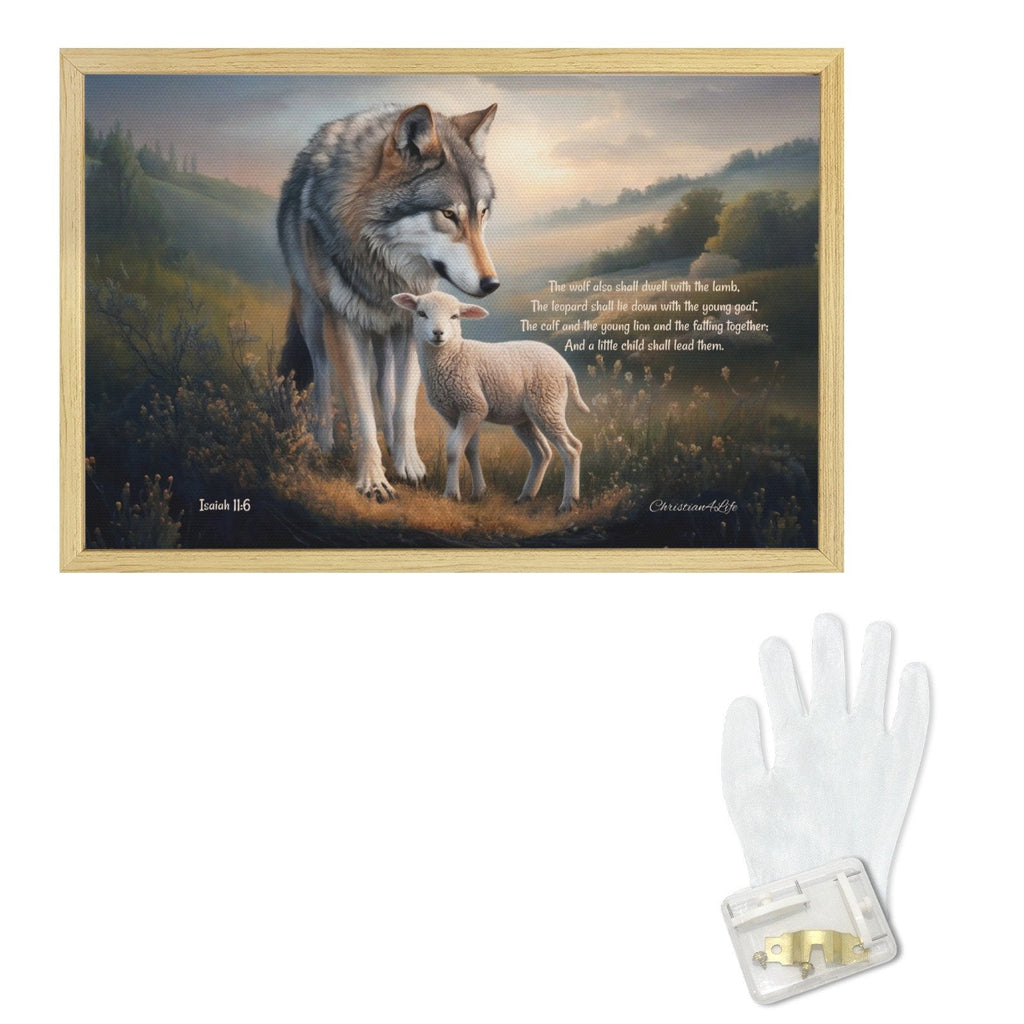 Framed - Wolf and Lamb with Isaiah 11:6 Quote, Christian Canvas, Wooden Frame