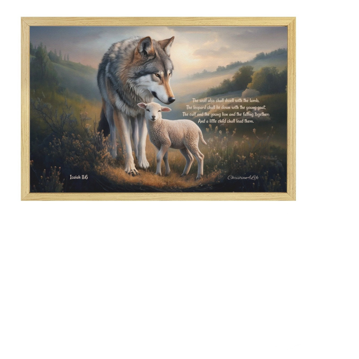 Framed - Wolf and Lamb with Isaiah 11:6 Quote, Christian Canvas, Wooden Frame