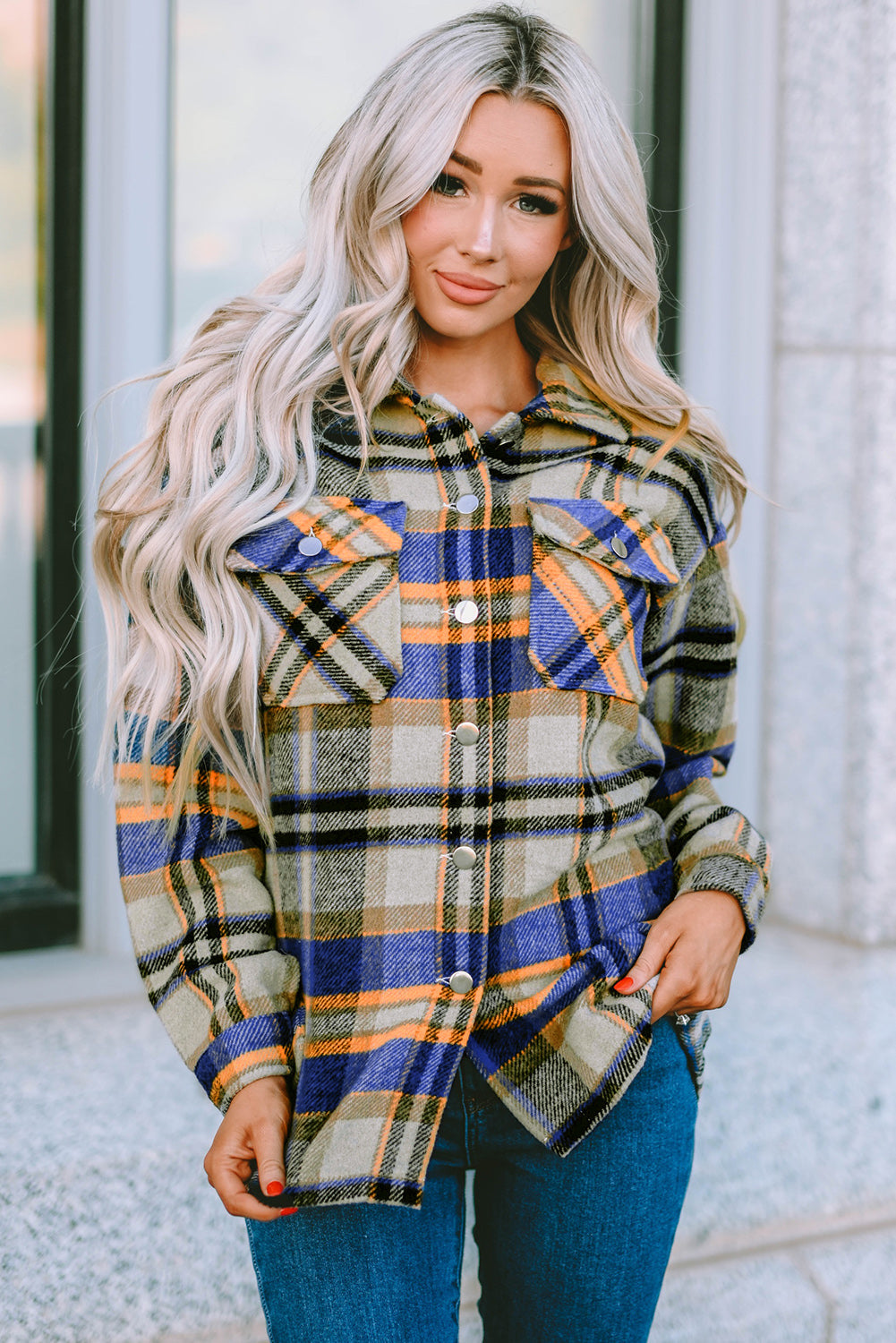 Green Geometric Plaid Print Pocketed Shacket
