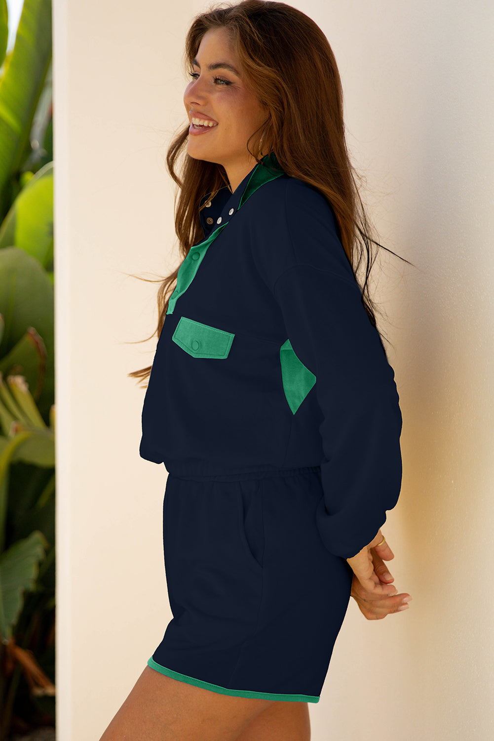 Black Color Block Patchwork Half Button Pullover and Shorts 2pcs Outfit