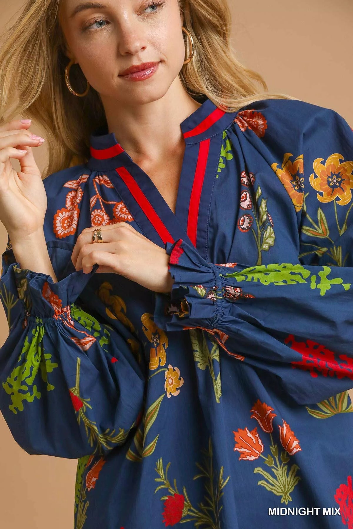Umgee Floral Print Flounce Sleeve Blouse
