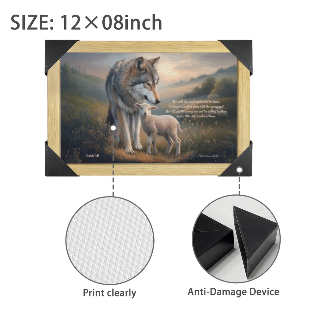 Framed - Wolf and Lamb with Isaiah 11:6 Quote, Christian Canvas, Wooden Frame