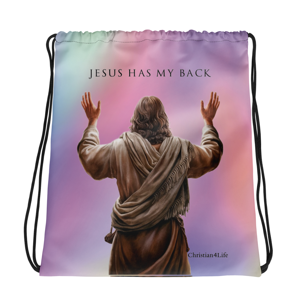 "Jesus Has My Back" 15″ × 17″ Drawstring bag (multi-color)