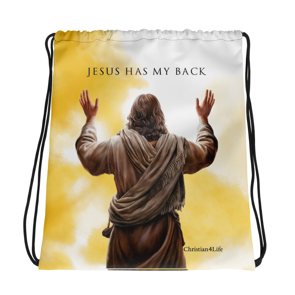 "Jesus Has My Back" Drawstring bag 15″ × 17″ (yellow tie-dye)