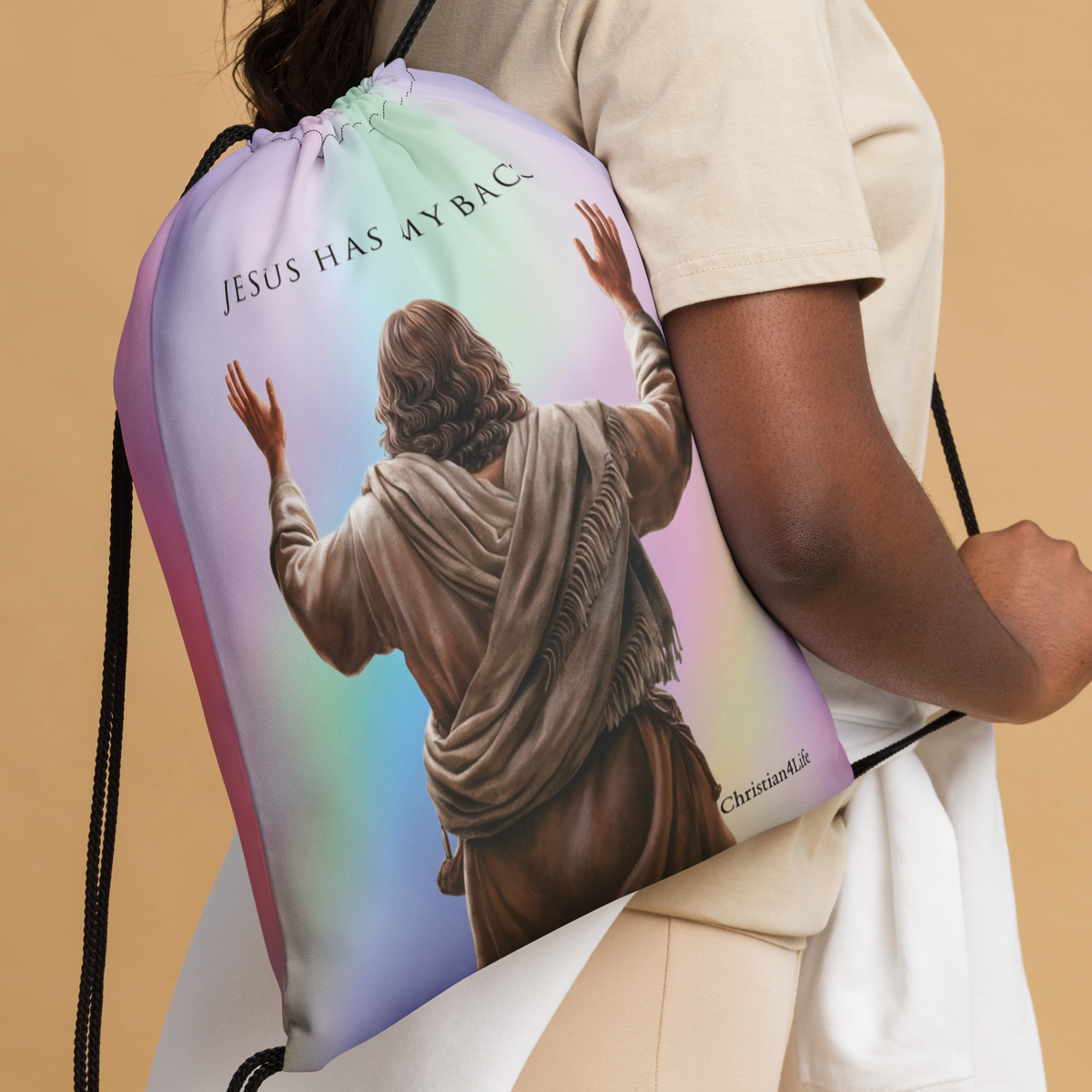 "Jesus Has My Back" 15″ × 17″ Drawstring bag (multi-color)