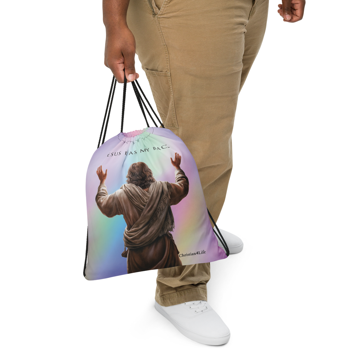 "Jesus Has My Back" 15″ × 17″ Drawstring bag (multi-color)