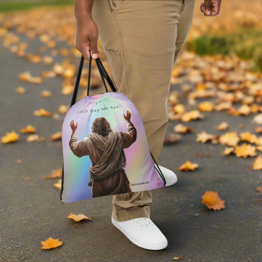 "Jesus Has My Back" 15″ × 17″ Drawstring bag (multi-color)