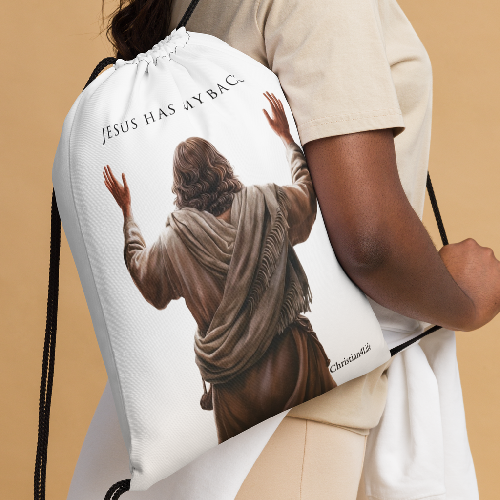 "Jesus Has My Back" Drawstring bag  15″ × 17″ (white)