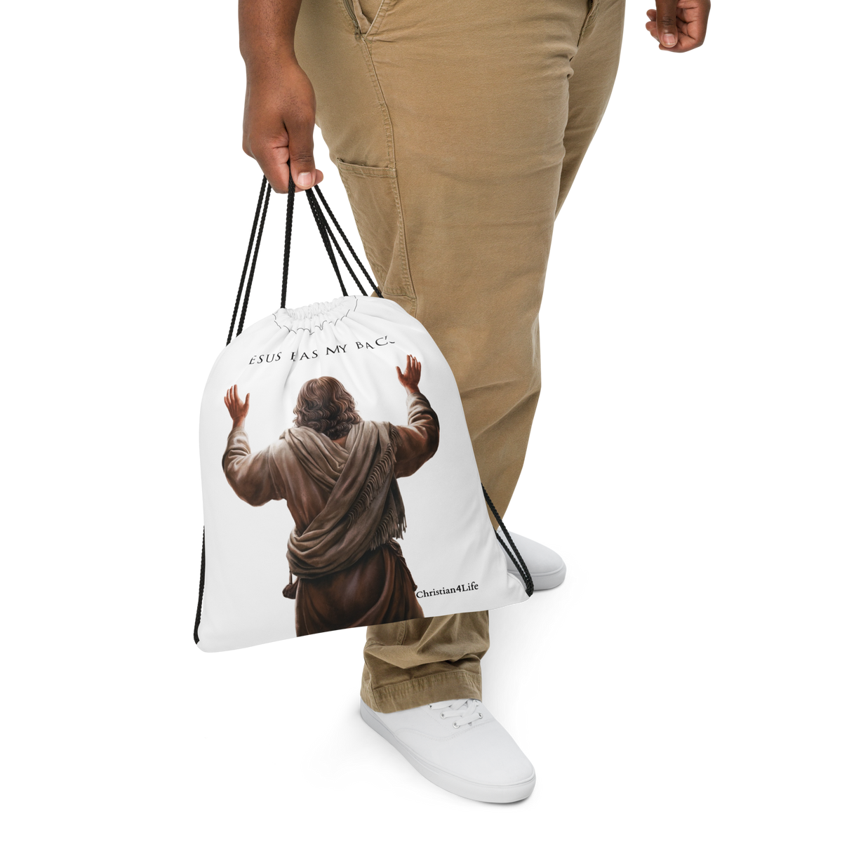 "Jesus Has My Back" Drawstring bag  15″ × 17″ (white)