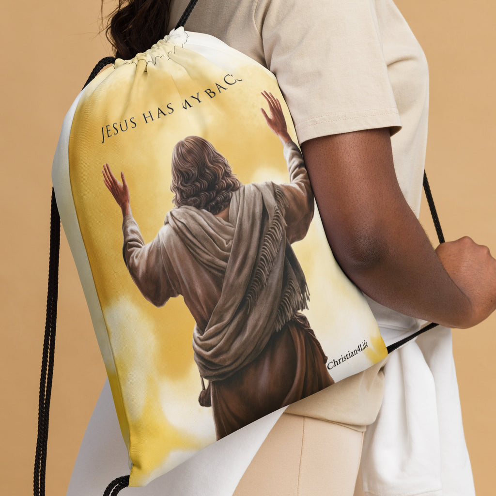 "Jesus Has My Back" Drawstring bag 15″ × 17″ (yellow tie-dye)