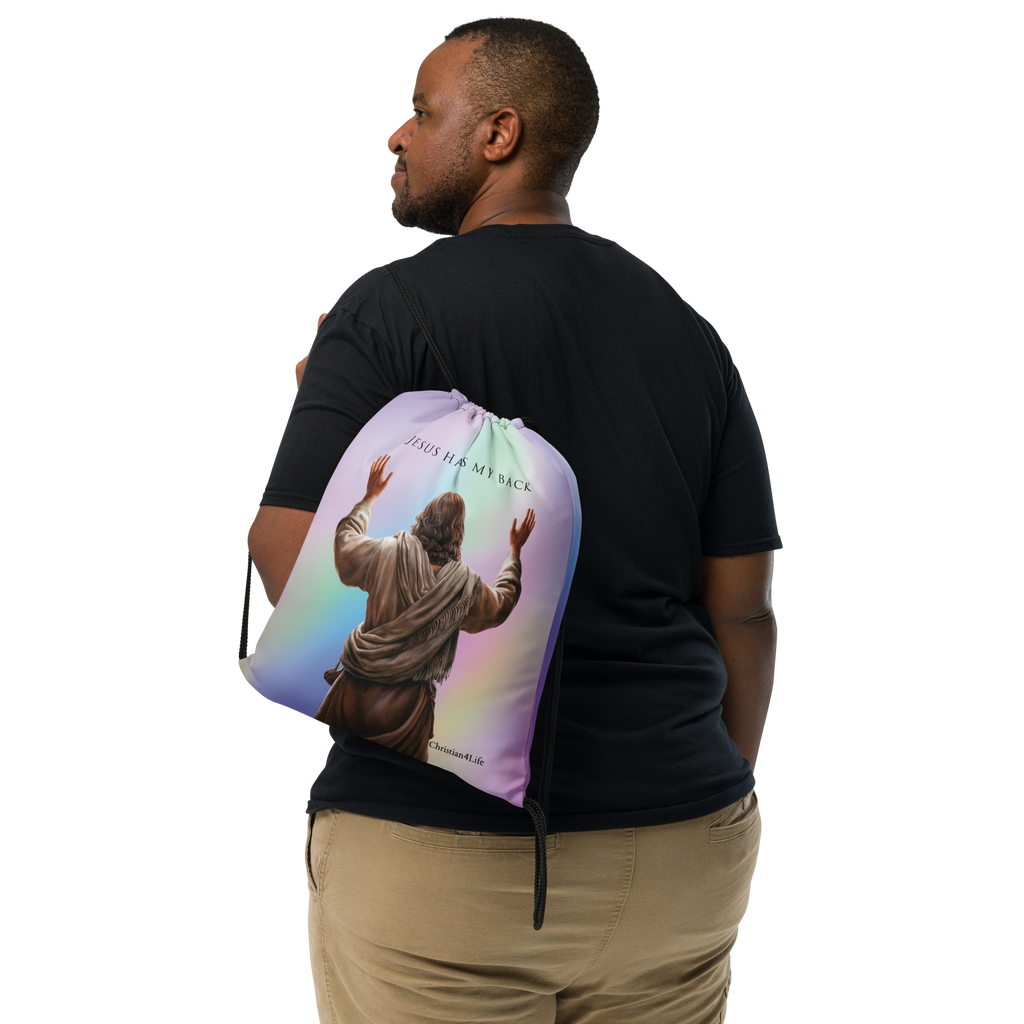 "Jesus Has My Back" 15″ × 17″ Drawstring bag (multi-color)