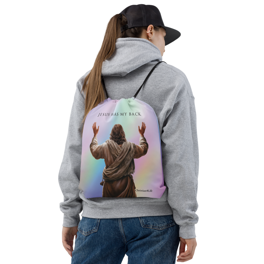 "Jesus Has My Back" 15″ × 17″ Drawstring bag (multi-color)