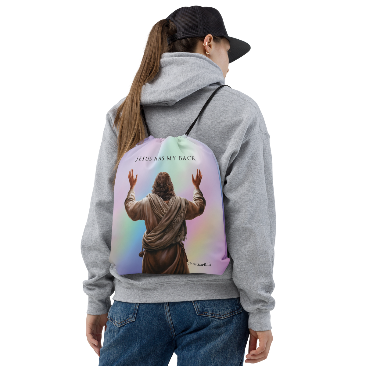 "Jesus Has My Back" 15″ × 17″ Drawstring bag (multi-color)
