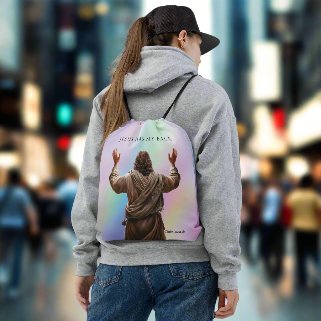 "Jesus Has My Back" 15″ × 17″ Drawstring bag (multi-color)