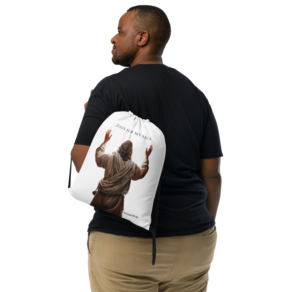 "Jesus Has My Back" Drawstring bag  15″ × 17″ (white)